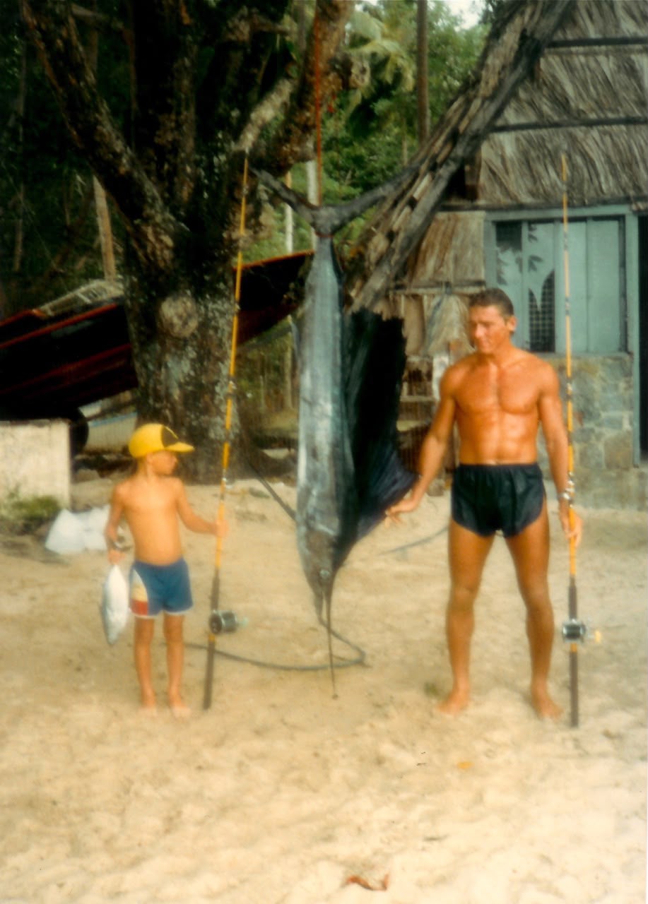 John Comley at age 23 with a sailfish in the Seychelles