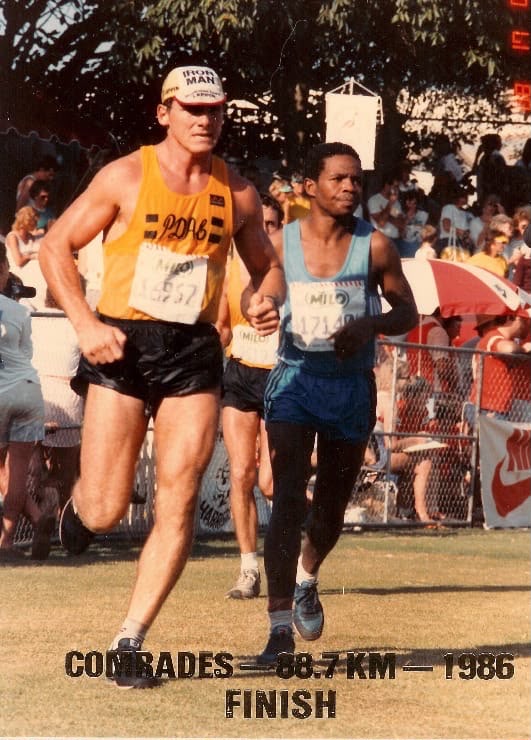 John Comley finishing the 1986 Comrades Marathon